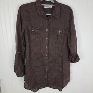 Chico's Brown Linen Long Tab Sleeve Button Up Shirt Vanity Size 3